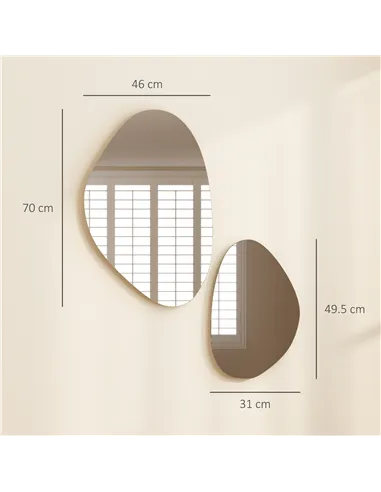 HOMCOM Set of 2 Pebble-Shaped Wall Mirror - Gold Tone