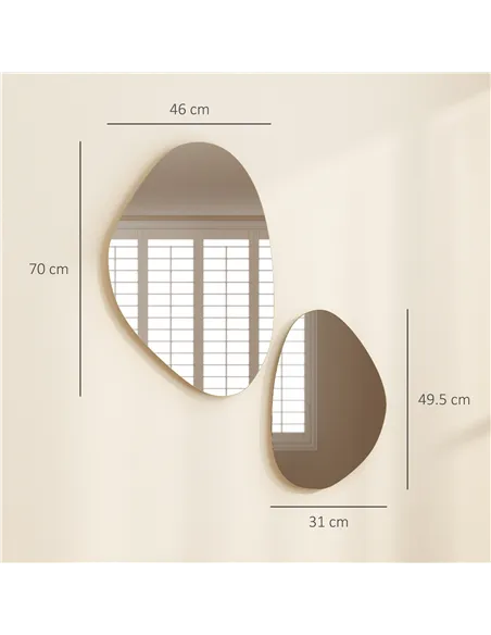HOMCOM Set of 2 Pebble-Shaped Wall Mirror - Gold Tone