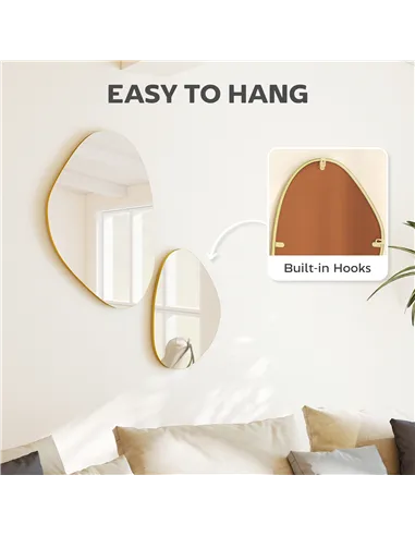 HOMCOM Set of 2 Pebble-Shaped Wall Mirror - Gold Tone