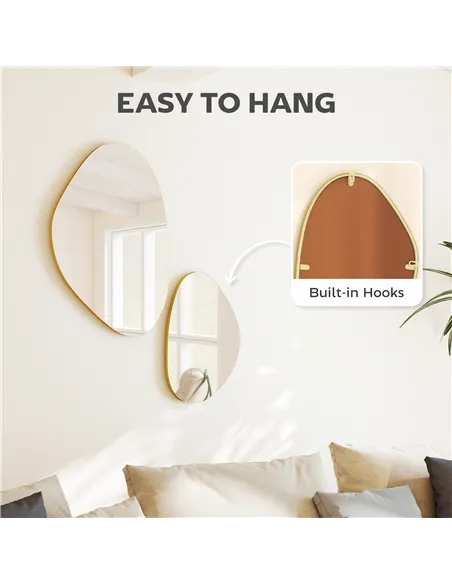 HOMCOM Set of 2 Pebble-Shaped Wall Mirror - Gold Tone