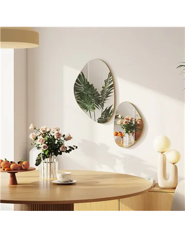 HOMCOM Set of 2 Pebble-Shaped Wall Mirror - Gold Tone