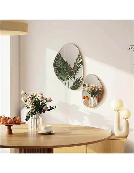HOMCOM Set of 2 Pebble-Shaped Wall Mirror - Gold Tone
