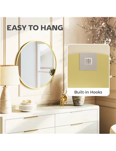 HOMCOM 61cm Decorative Wall Mirror for Bedroom Living Room, Modern Round Bathroom Mirror for Home Decor, Gold Tone