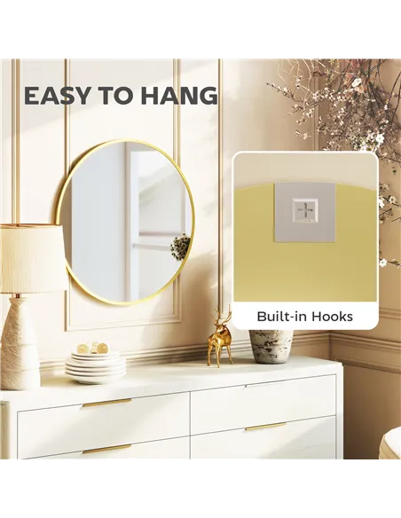 HOMCOM 61cm Decorative Wall Mirror for Bedroom Living Room, Modern Round Bathroom Mirror for Home Decor, Gold Tone