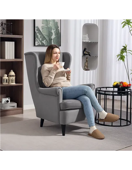 HOMCOM Modern Accent Chair, Upholstered Wingback Armchair with High Backrest and Pillow, Velvet-Feel Fabric Reading Chair with S