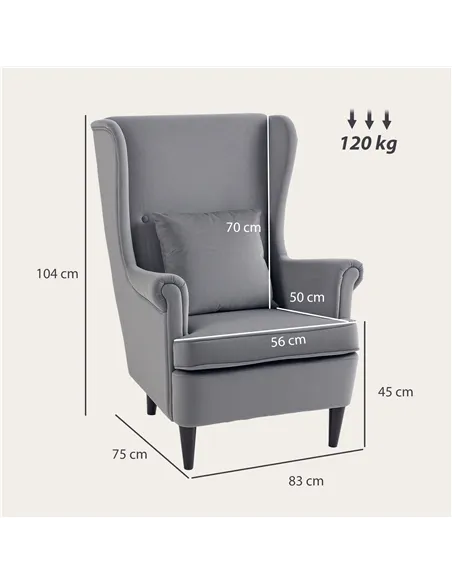 HOMCOM Modern Accent Chair, Upholstered Wingback Armchair with High Backrest and Pillow, Velvet-Feel Fabric Reading Chair with S