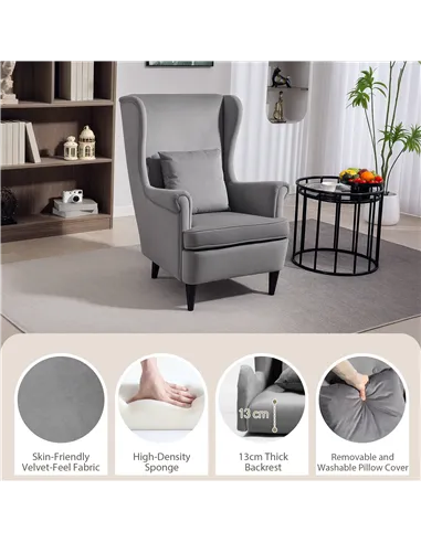 HOMCOM Modern Accent Chair, Upholstered Wingback Armchair with High Backrest and Pillow, Velvet-Feel Fabric Reading Chair with S