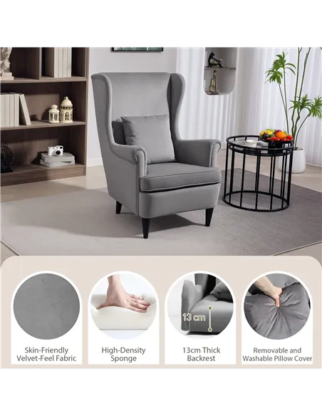 HOMCOM Modern Accent Chair, Upholstered Wingback Armchair with High Backrest and Pillow, Velvet-Feel Fabric Reading Chair with S