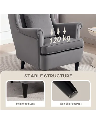 HOMCOM Modern Accent Chair, Upholstered Wingback Armchair with High Backrest and Pillow, Velvet-Feel Fabric Reading Chair with S