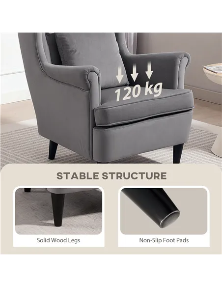 HOMCOM Modern Accent Chair, Upholstered Wingback Armchair with High Backrest and Pillow, Velvet-Feel Fabric Reading Chair with S