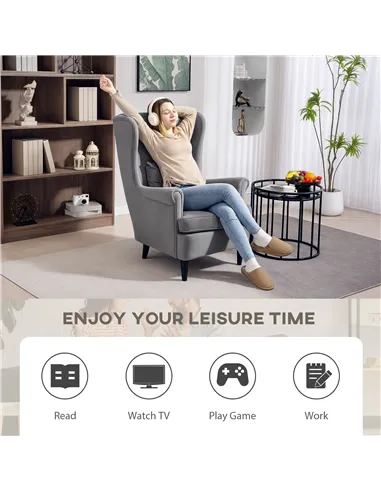 HOMCOM Modern Accent Chair, Upholstered Wingback Armchair with High Backrest and Pillow, Velvet-Feel Fabric Reading Chair with S