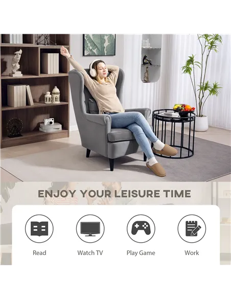 HOMCOM Modern Accent Chair, Upholstered Wingback Armchair with High Backrest and Pillow, Velvet-Feel Fabric Reading Chair with S