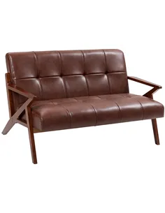 HOMCOM Compact 2 Seater Sofa, Vintage Tufted Loveseat Sofa with Solid Wood Legs, PU Leather Small Couch Settee for Living Room, 