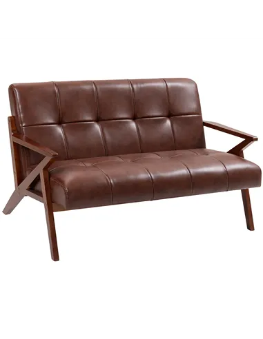 HOMCOM Compact 2 Seater Sofa, Vintage Tufted Loveseat Sofa with Solid Wood Legs, PU Leather Small Couch Settee for Living Room, 