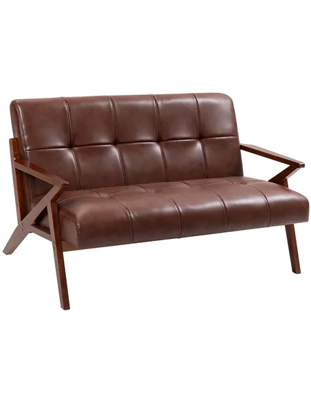 HOMCOM Compact 2 Seater Sofa, Vintage Tufted Loveseat Sofa with Solid Wood Legs, PU Leather Small Couch Settee for Living Room, 