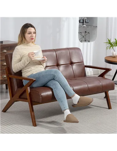 HOMCOM Compact 2 Seater Sofa, Vintage Tufted Loveseat Sofa with Solid Wood Legs, PU Leather Small Couch Settee for Living Room, 