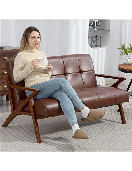 HOMCOM Compact 2 Seater Sofa, Vintage Tufted Loveseat Sofa with Solid Wood Legs, PU Leather Small Couch Settee for Living Room, 