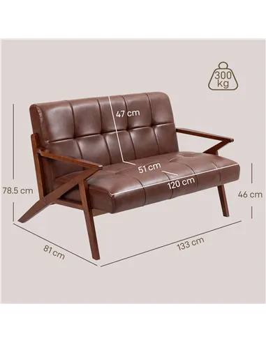 HOMCOM Compact 2 Seater Sofa, Vintage Tufted Loveseat Sofa with Solid Wood Legs, PU Leather Small Couch Settee for Living Room, 