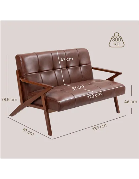 HOMCOM Compact 2 Seater Sofa, Vintage Tufted Loveseat Sofa with Solid Wood Legs, PU Leather Small Couch Settee for Living Room, 