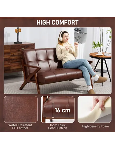 HOMCOM Compact 2 Seater Sofa, Vintage Tufted Loveseat Sofa with Solid Wood Legs, PU Leather Small Couch Settee for Living Room, 