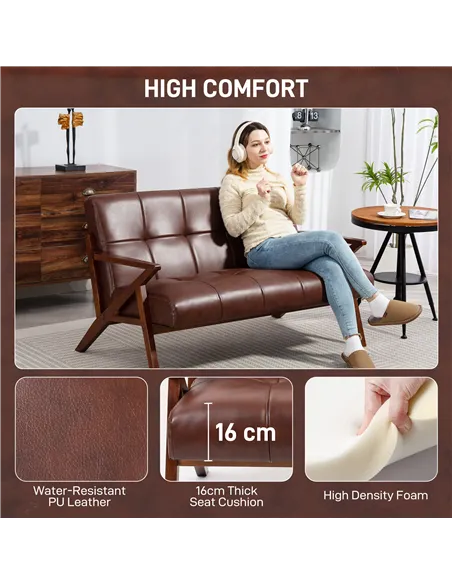 HOMCOM Compact 2 Seater Sofa, Vintage Tufted Loveseat Sofa with Solid Wood Legs, PU Leather Small Couch Settee for Living Room, 