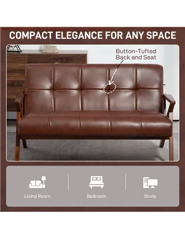 HOMCOM Compact 2 Seater Sofa, Vintage Tufted Loveseat Sofa with Solid Wood Legs, PU Leather Small Couch Settee for Living Room, 