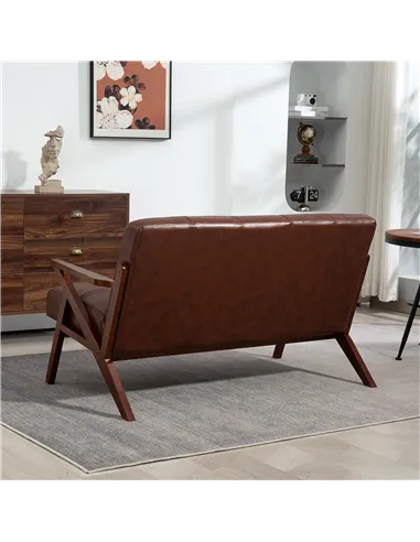 HOMCOM Compact 2 Seater Sofa, Vintage Tufted Loveseat Sofa with Solid Wood Legs, PU Leather Small Couch Settee for Living Room, 