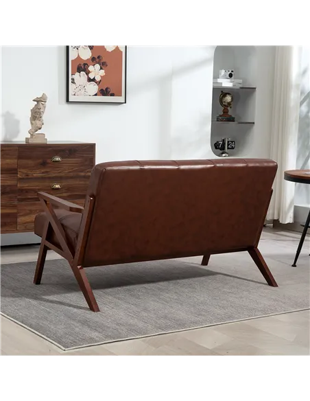 HOMCOM Compact 2 Seater Sofa, Vintage Tufted Loveseat Sofa with Solid Wood Legs, PU Leather Small Couch Settee for Living Room, 