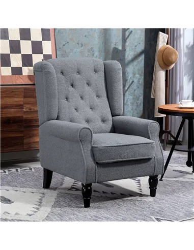 HOMCOM Wingback Accent Chair, Retro Upholstered Button Tufted Occasional Chair for Living Room and Bedroom, Grey