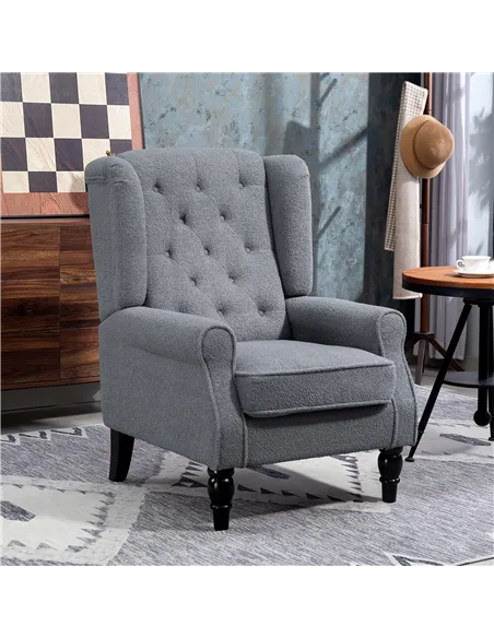 HOMCOM Wingback Accent Chair, Retro Upholstered Button Tufted Occasional Chair for Living Room and Bedroom, Grey