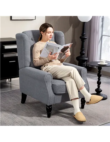 HOMCOM Wingback Accent Chair, Retro Upholstered Button Tufted Occasional Chair for Living Room and Bedroom, Grey