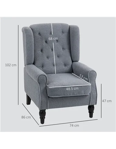 HOMCOM Wingback Accent Chair, Retro Upholstered Button Tufted Occasional Chair for Living Room and Bedroom, Grey
