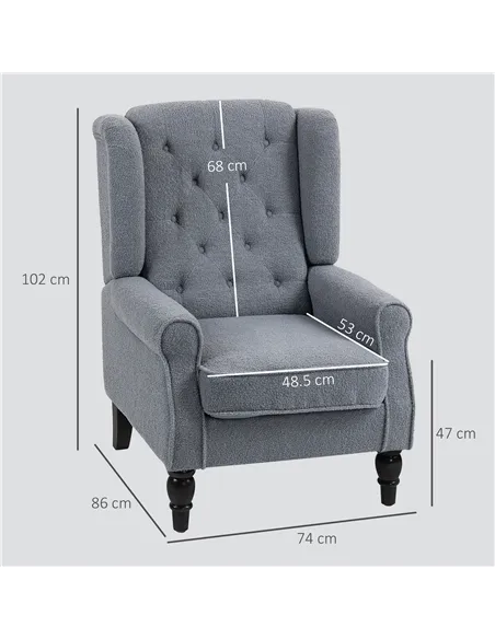 HOMCOM Wingback Accent Chair, Retro Upholstered Button Tufted Occasional Chair for Living Room and Bedroom, Grey