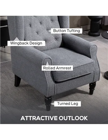 HOMCOM Wingback Accent Chair, Retro Upholstered Button Tufted Occasional Chair for Living Room and Bedroom, Grey
