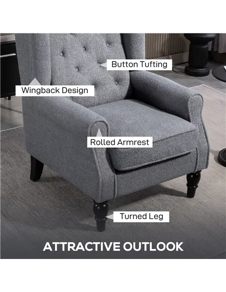 HOMCOM Wingback Accent Chair, Retro Upholstered Button Tufted Occasional Chair for Living Room and Bedroom, Grey