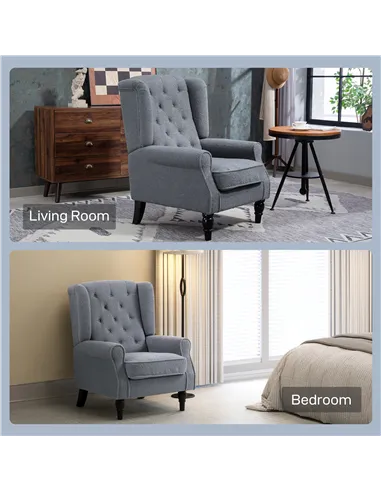 HOMCOM Wingback Accent Chair, Retro Upholstered Button Tufted Occasional Chair for Living Room and Bedroom, Grey