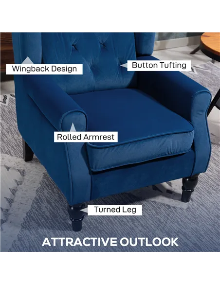 HOMCOM Wingback Accent Chair, Retro Upholstered Button Tufted Occasional Chair for Living Room and Bedroom, Blue