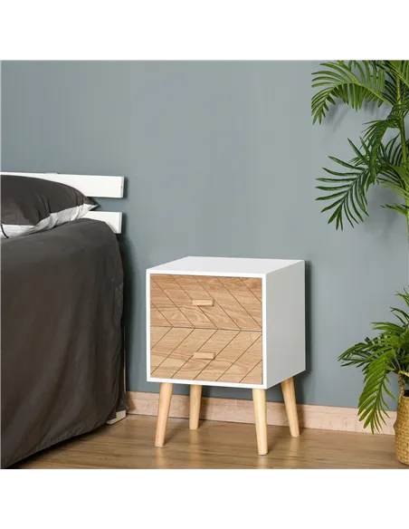 HOMCOM 2 Drawers Bedside Table with Pine Legs, Bedroom Wooden Storage Cabinet, Natural