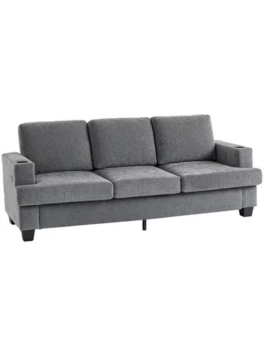 HOMCOM 3 Seater Sofa with USB Ports & Cup Holders - Grey