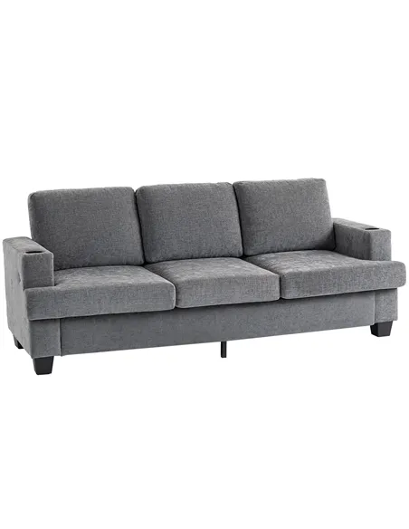 HOMCOM 3 Seater Sofa with USB Ports & Cup Holders - Grey