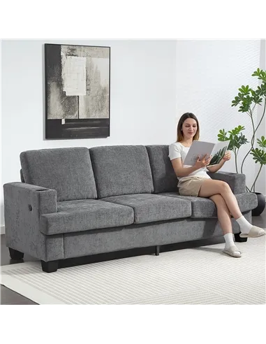HOMCOM 3 Seater Sofa with USB Ports & Cup Holders - Grey