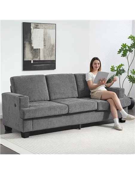 HOMCOM 3 Seater Sofa with USB Ports & Cup Holders - Grey