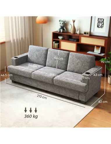 HOMCOM 3 Seater Sofa with USB Ports & Cup Holders - Grey