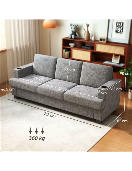 HOMCOM 3 Seater Sofa with USB Ports & Cup Holders - Grey