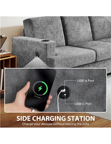 HOMCOM 3 Seater Sofa with USB Ports & Cup Holders - Grey