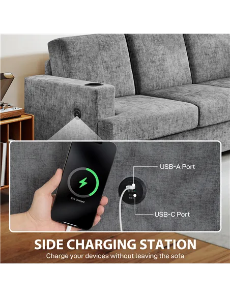 HOMCOM 3 Seater Sofa with USB Ports & Cup Holders - Grey