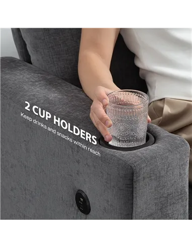 HOMCOM 3 Seater Sofa with USB Ports & Cup Holders - Grey