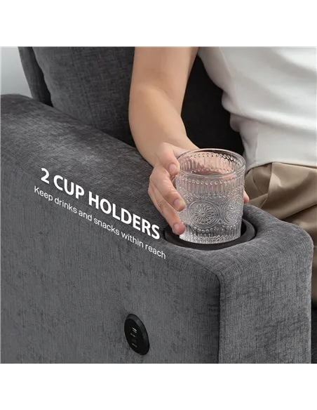 HOMCOM 3 Seater Sofa with USB Ports & Cup Holders - Grey