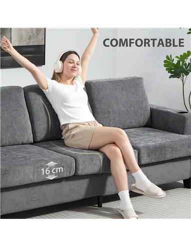 HOMCOM 3 Seater Sofa with USB Ports & Cup Holders - Grey