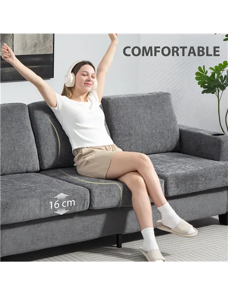 HOMCOM 3 Seater Sofa with USB Ports & Cup Holders - Grey